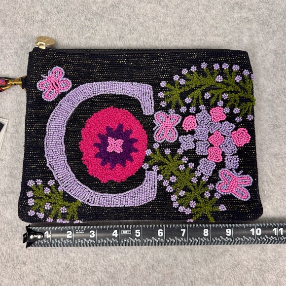 America & Beyond Wristlet Pouch Clutch Womens Small Black Beaded C Zip